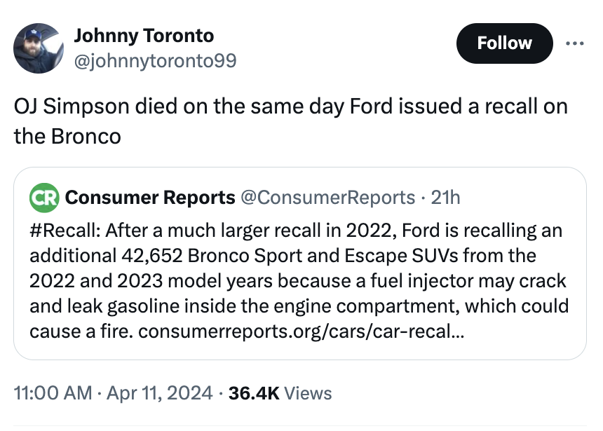 screenshot - Johnny Toronto Oj Simpson died on the same day Ford issued a recall on the Bronco Cr Consumer Reports Reports 21h After a much larger recall in 2022, Ford is recalling an additional 42,652 Bronco Sport and Escape SUVs from the 2022 and 2023 m